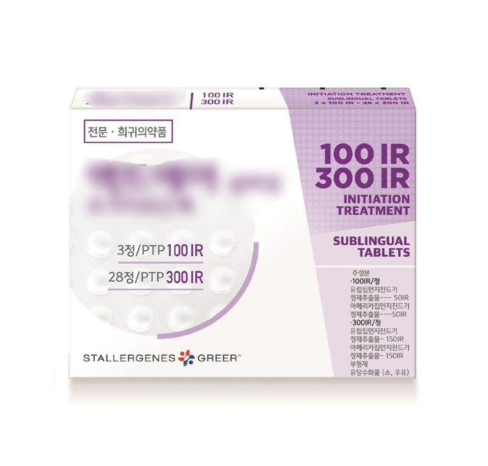 의약품 상자 사진 · 전문 · 희귀의약품 · 100 IR 300 IR INITIATION TREATMENT SUBLINGUAL TABLETS · 3정/PTP 100 IR · 28정/PTP 300 IR · 주성분: 유럽집먼지진드기 정제추출물, 아메리카집먼지진드기 정제추출물